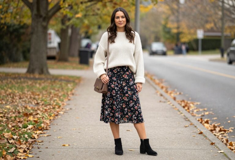 Woman wearing a floral midi skirt with a chunky sweater and ankle boots for autumn.