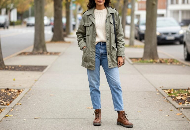 Woman wearing baggy jeans, olive utility jacket, and combat boots standing on a fall sidewalk.