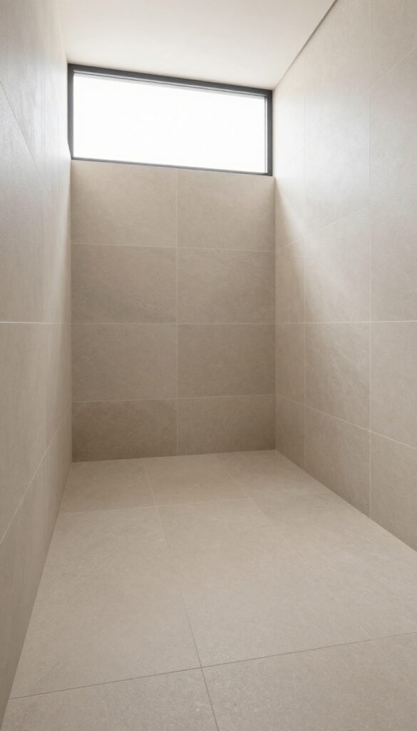 Modern bathroom with floor-to-ceiling continuous large-format neutral tile flowing from floor into a walk-in shower under bright natural light