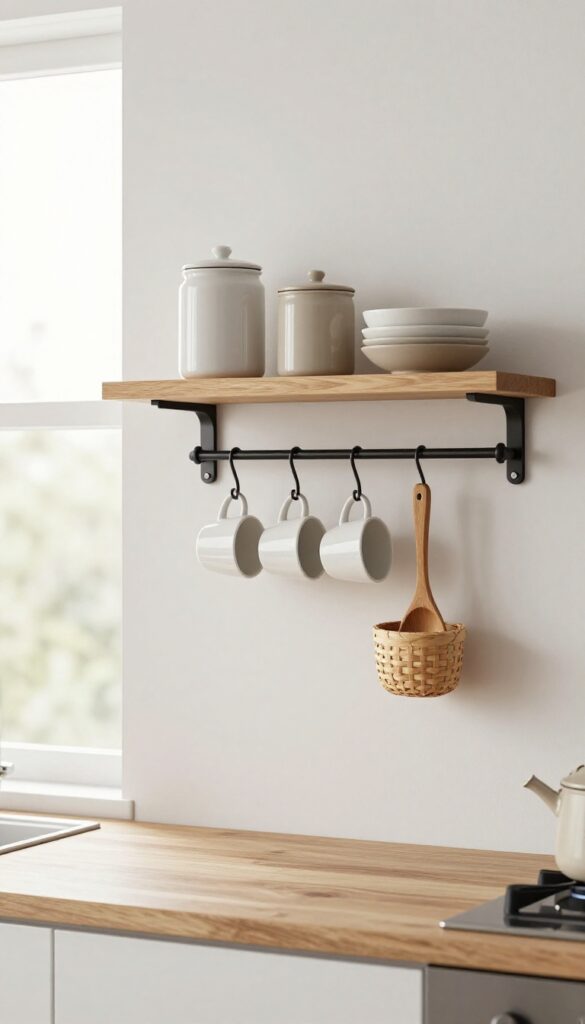 Wooden kitchen shelf with a black metal rail underneath holding white mugs and utensils, styled as an everyday essentials station in a bright modern kitchen.