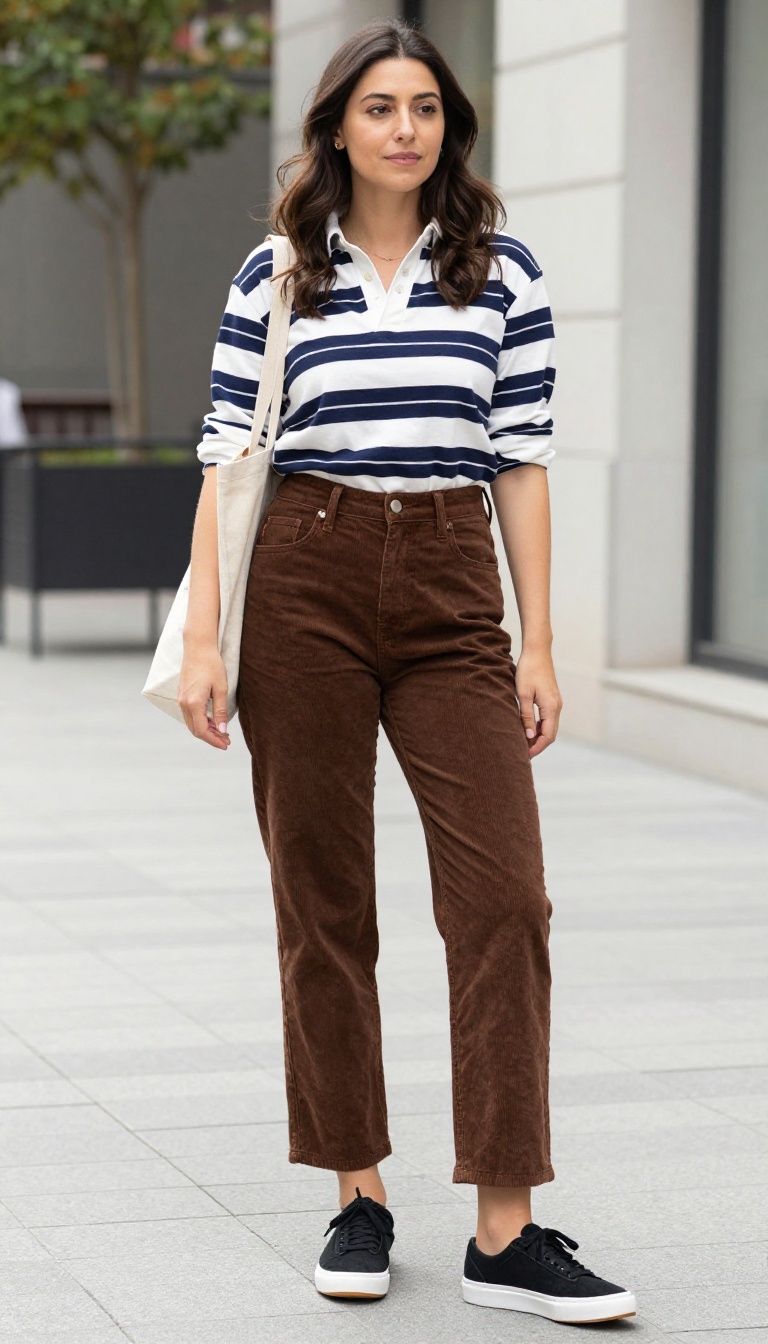 3. Corduroy Pants + Striped Rugby Shirt + Retro Skate Shoes