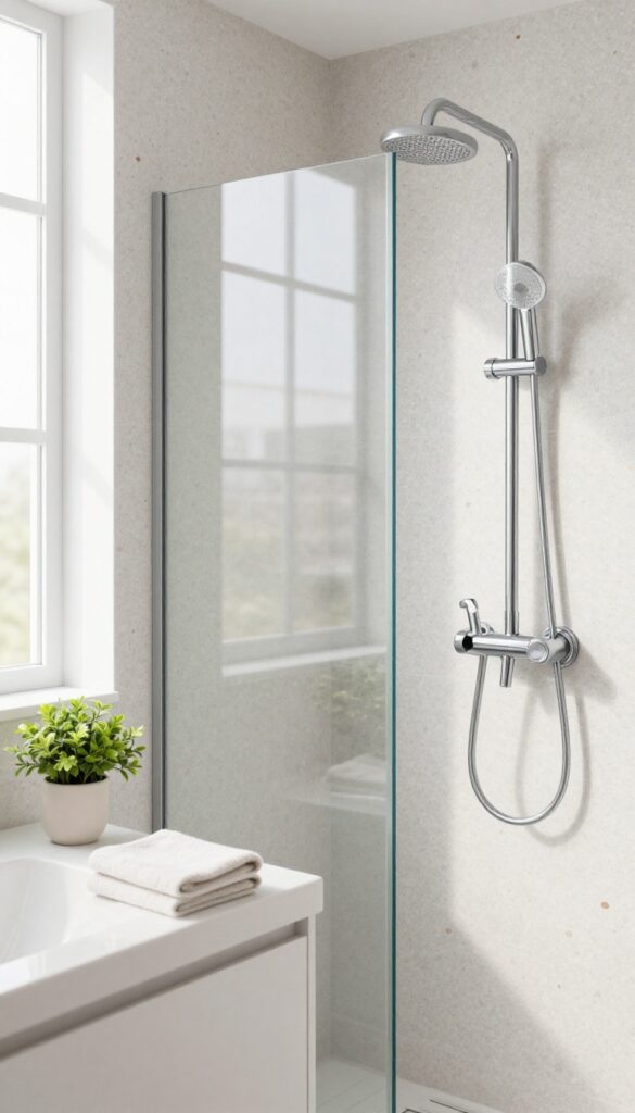 Bright modern bathroom shower with terrazzo-inspired wall panels in soft gray, white, and muted terracotta flecks, paired with a simple chrome fixture and clean neutral vanity.