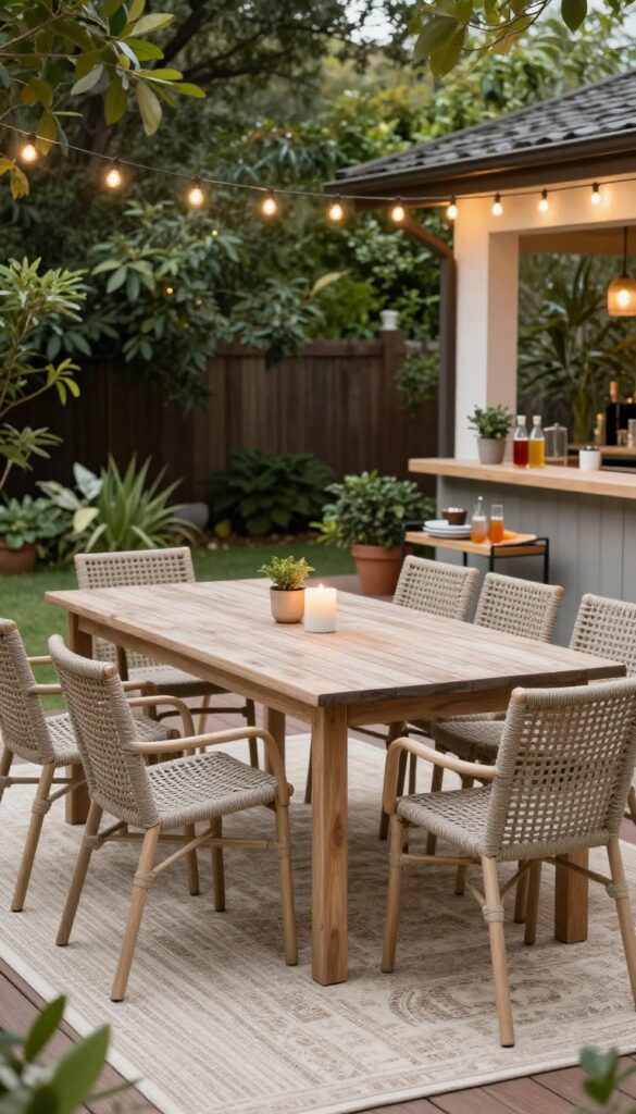 Backyard deck dining area with a wooden table, woven chairs, outdoor rug, bar cart, and string lights styled like an outdoor restaurant