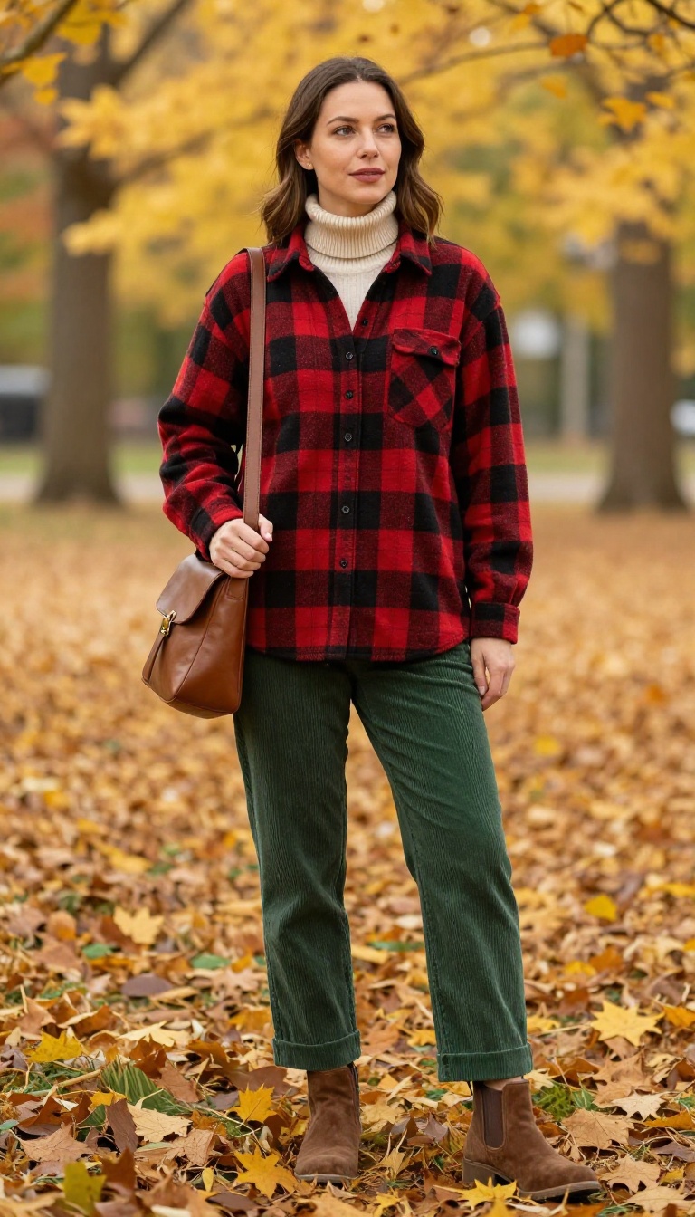 12. Plaid Shirt + Turtleneck + Corduroy Pants