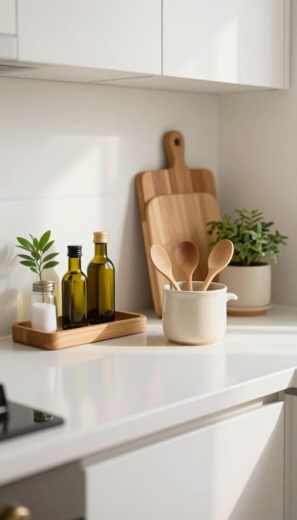 Warm white kitchen countertop styled with wood cutting boards, a cream ceramic utensil crock, a tray of oils and amber glass bottles, and a small potted plant in bright natural light