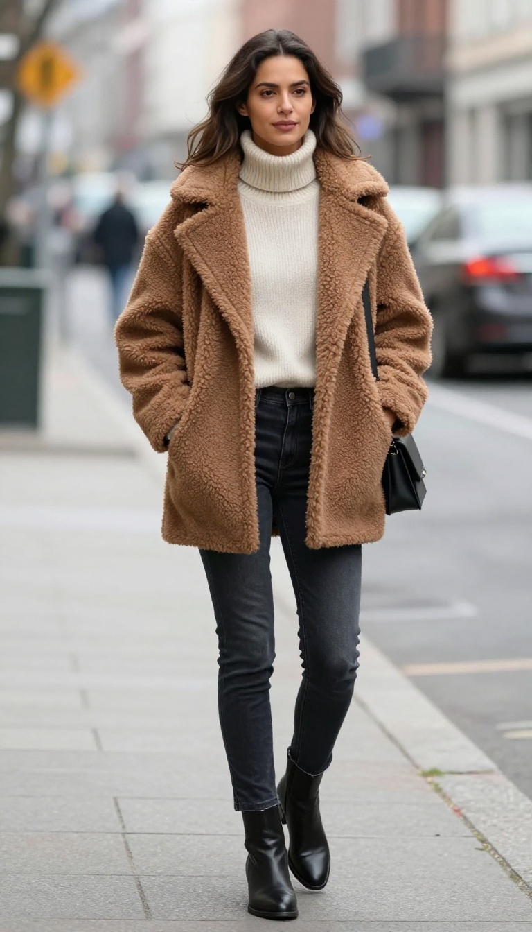 6. Teddy Bear Coat with Slim Jeans and Ankle Boots