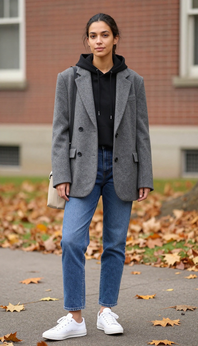 12. Oversized Blazer Over a Hoodie and Straight Jeans