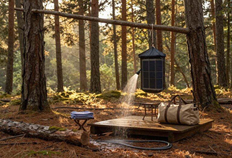 A solar camping shower bag hanging from a tree branch in a sunlit forest clearing, with a towel and camping gear nearby.