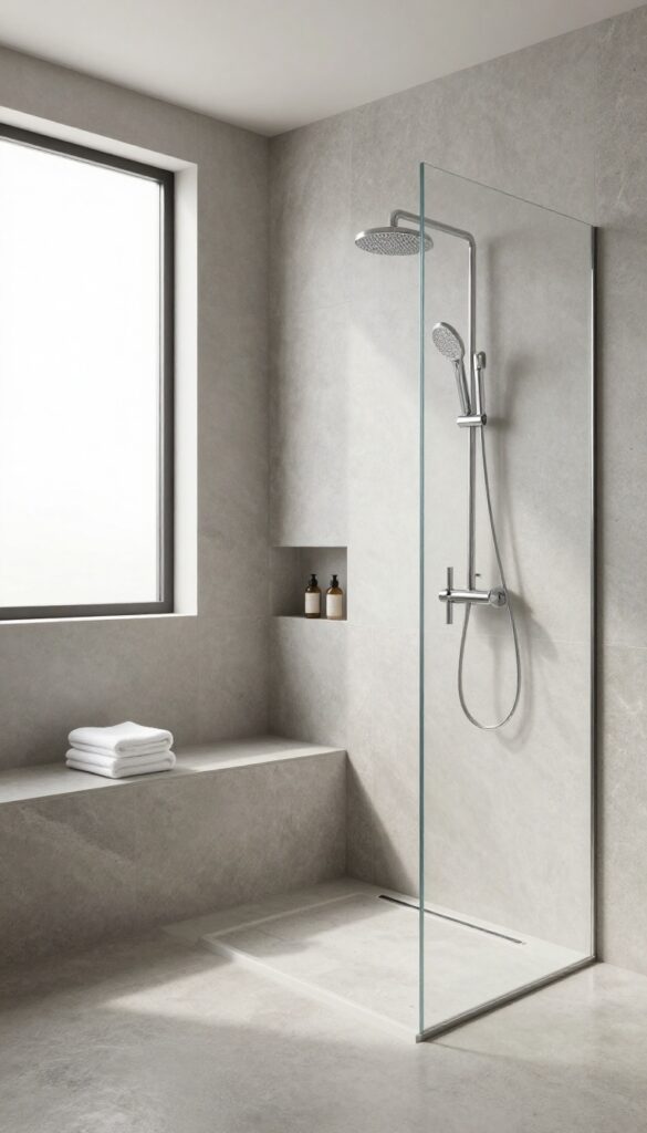 Modern walk-in shower with a built-in tiled bench and bright natural light in a clean, luxe bathroom
