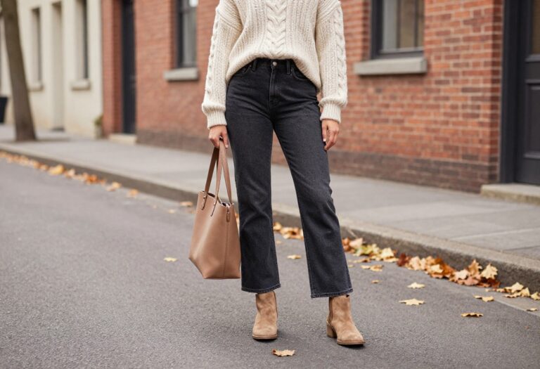 Woman wearing high rise flare jeans and cream sweater standing on an autumn street