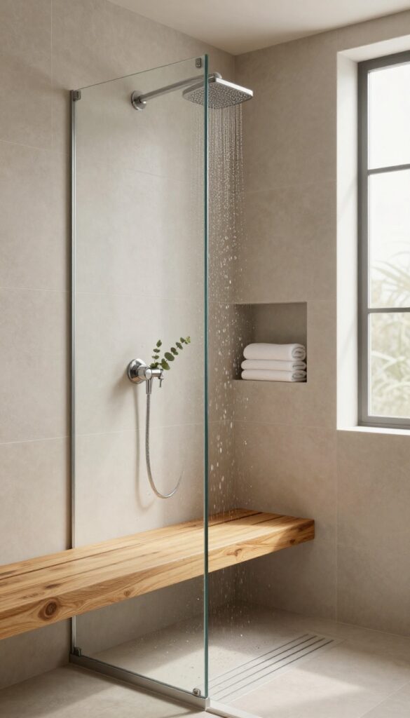 Bright spa shower with a natural teak wooden bench against neutral tiles, rainfall shower head, glass partition, and a folded towel with eucalyptus in a niche.