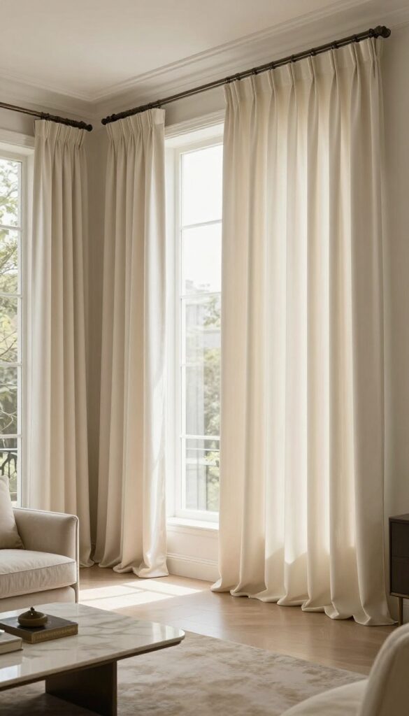 Formal living room with floor-to-ceiling ivory curtains hung near the ceiling, framing tall windows and creating elegant vertical lines.
