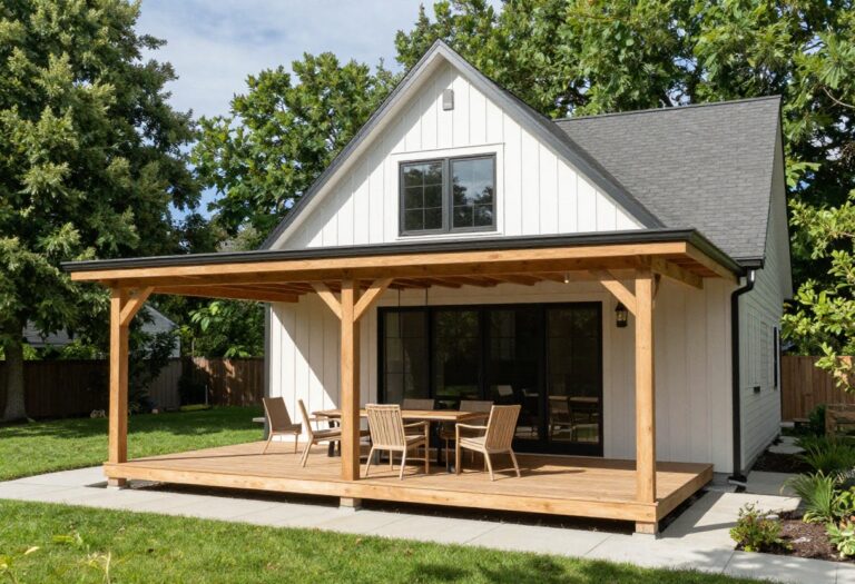 Covered backyard deck with a classic gable roof and wooden support posts, styled with outdoor furniture in bright natural light