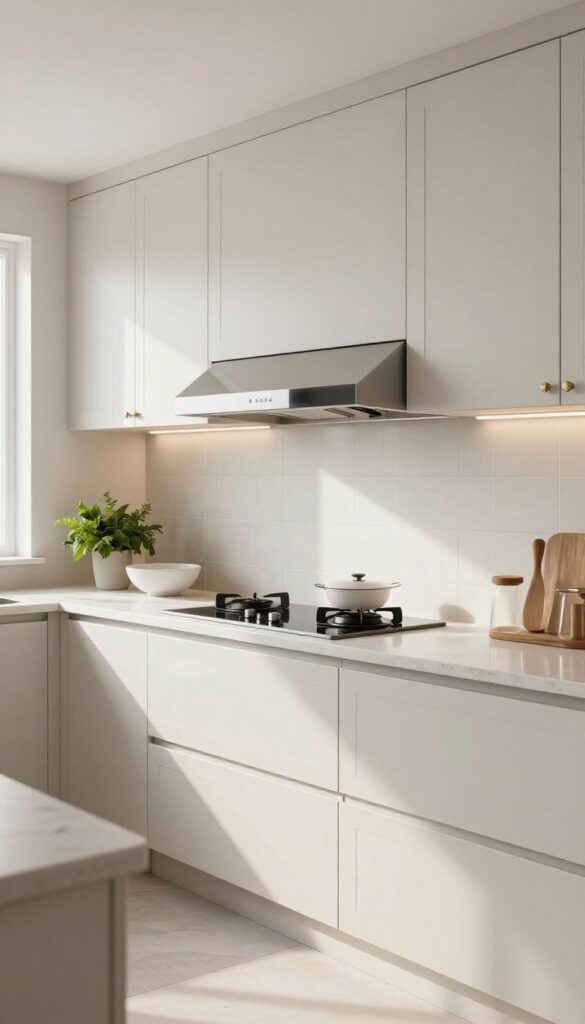 Bright modern kitchen with a built-in cabinet-style vent hood cover that blends seamlessly into matching painted cabinetry above the stovetop.