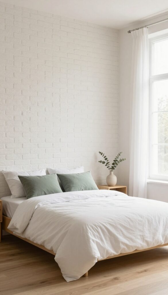 Modern bedroom with a painted warm white brick accent wall, bright natural light, white bedding, and sage green and gray accent pillows in a clean, airy space.