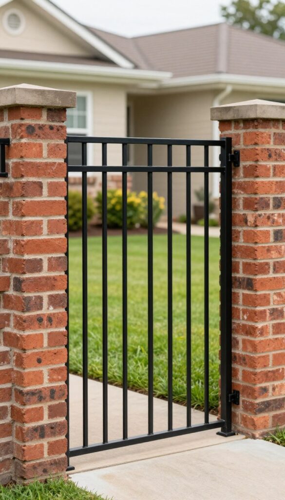 Front yard brick fence with evenly spaced brick pillars and black wrought iron panels, letting the landscaped yard and suburban home show through