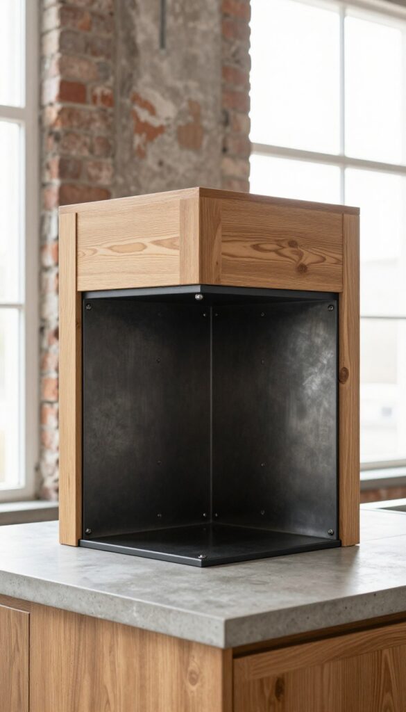 Industrial kitchen vent hood cover with wood framing and galvanized metal panels above concrete countertops in a bright loft kitchen