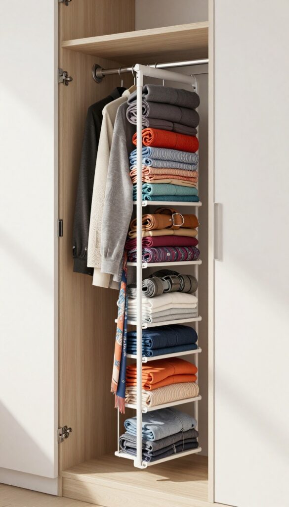 Slim pull-out vertical shelves in a small bedroom cupboard holding folded scarves, belts, and tees in a narrow gap beside hanging clothes