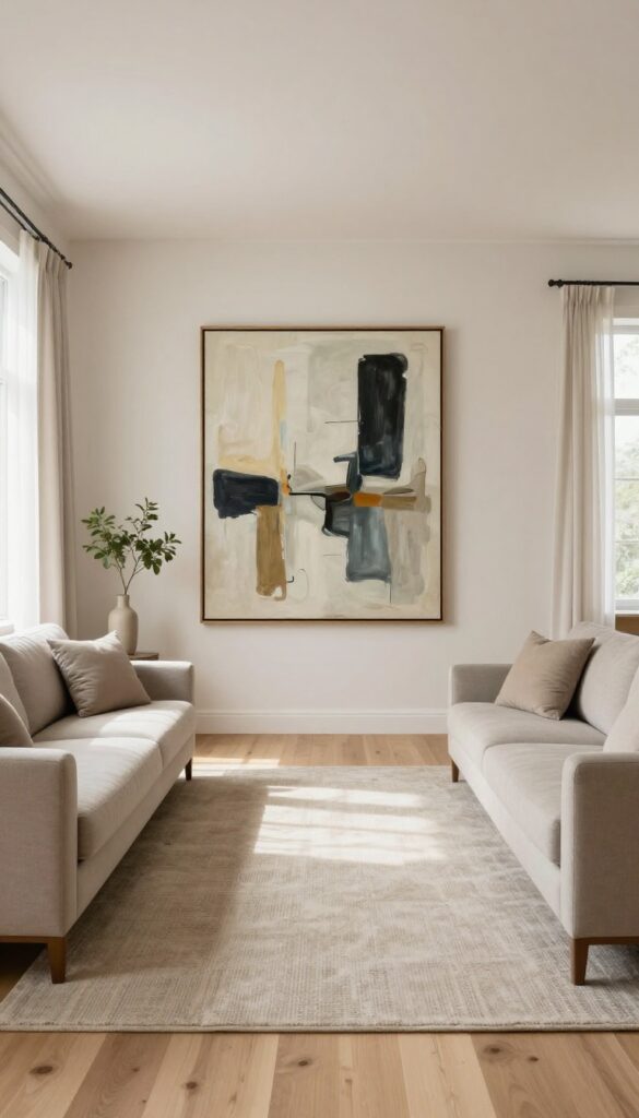 Bright rectangular living room with a sofa and chairs facing a large framed artwork on the wall, lit by soft natural light, creating a clear focal point.
