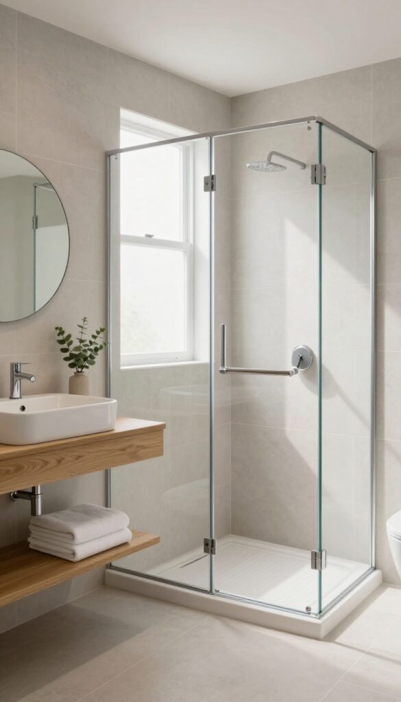 Small bright bathroom with a walk-in shower where the same light gray tile runs seamlessly from the bathroom floor into the shower floor with aligned grout lines, creating a continuous and spacious look.