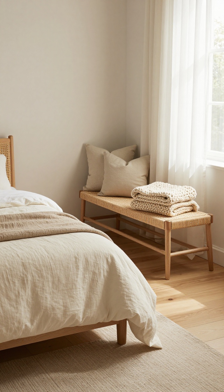 Woven storage bench with folded blankets and pillows at the foot of a neutral bed in a bright cozy bedroom
