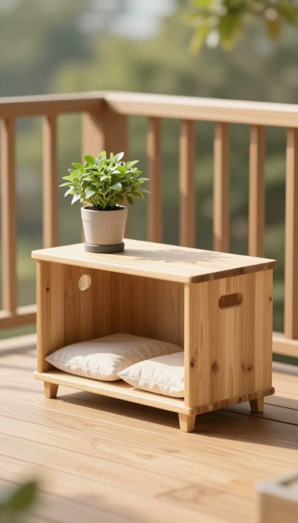 Small wooden deck with a slim wood-look storage box styled with a potted plant and lantern in bright natural light