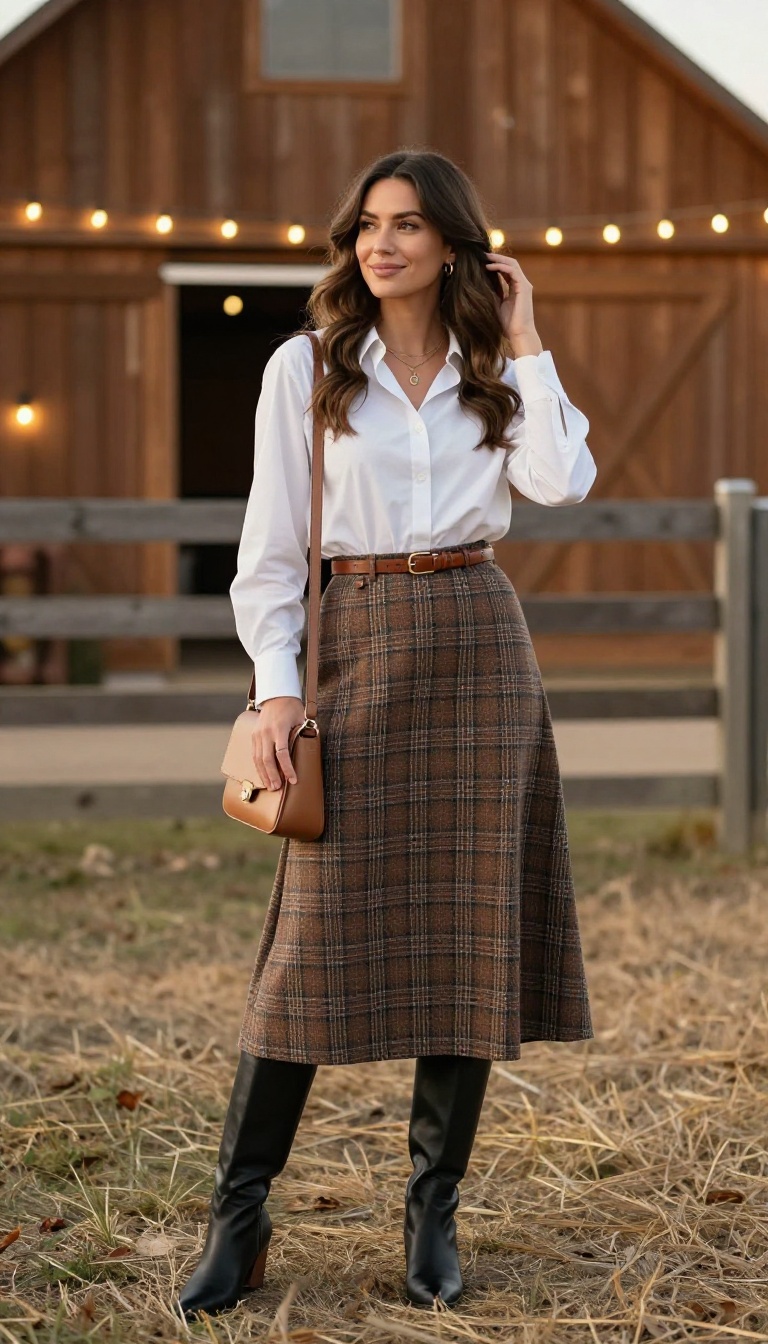 6. Wool A-Line Skirt with a Button-Down and Knee-High Boots