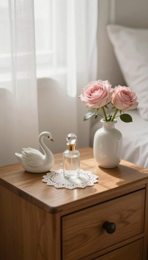 Vintage princess bedroom nightstand styled with a porcelain swan figurine, lace doily, antique perfume bottle, and a blush rose in soft natural light