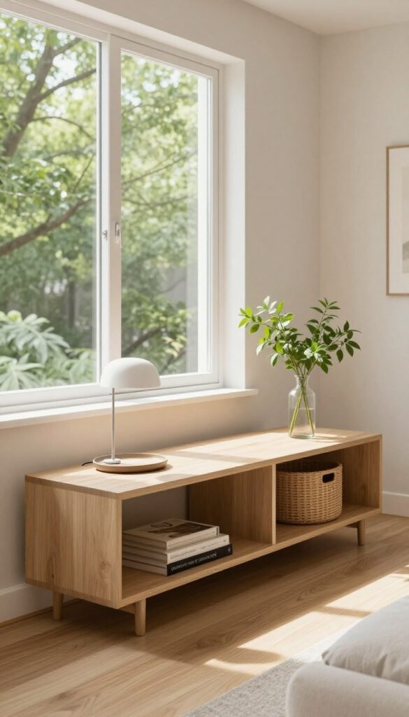 Bright modern small living room with a narrow console table placed flush behind a sofa, styled with a lamp, tray, vase, books, and woven baskets underneath.