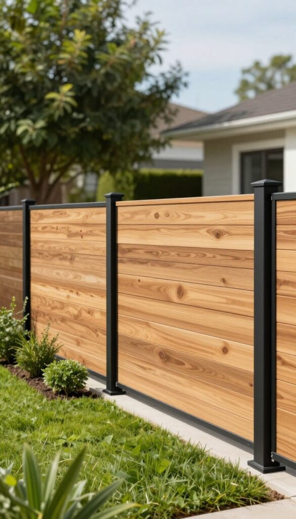 Modern front yard fence mixing warm wood planks with slim black metal posts and accents, bright natural light, clean curb appeal.