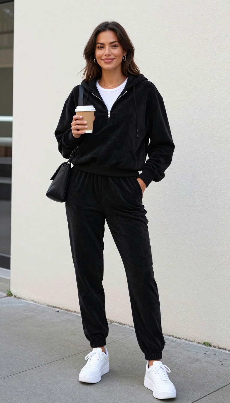 1. Black Velour Tracksuit With a Fitted Tank