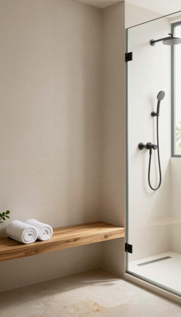 Modern walk-in shower with warm light wood bench and shelving against neutral beige tile under bright natural light