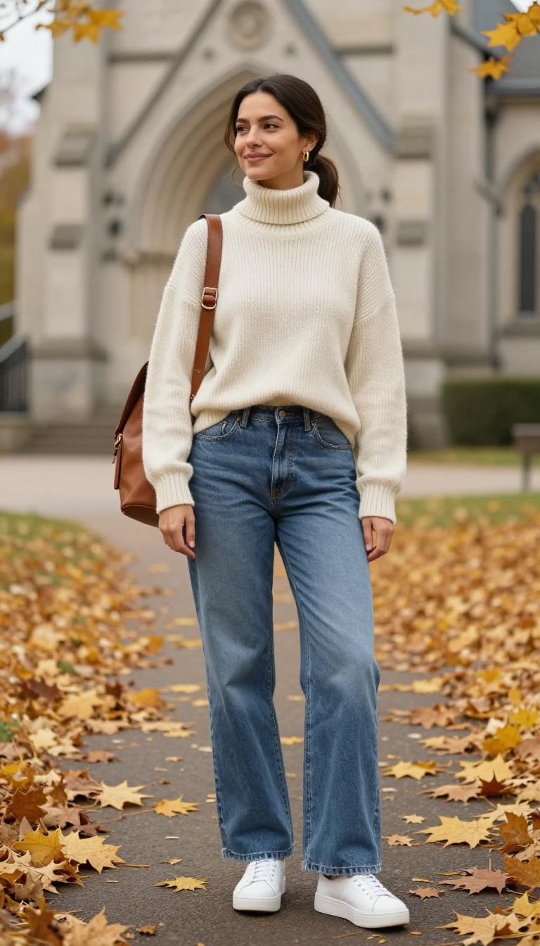 8. Chunky Turtleneck, Wide-Leg Jeans, and Platform Sneakers