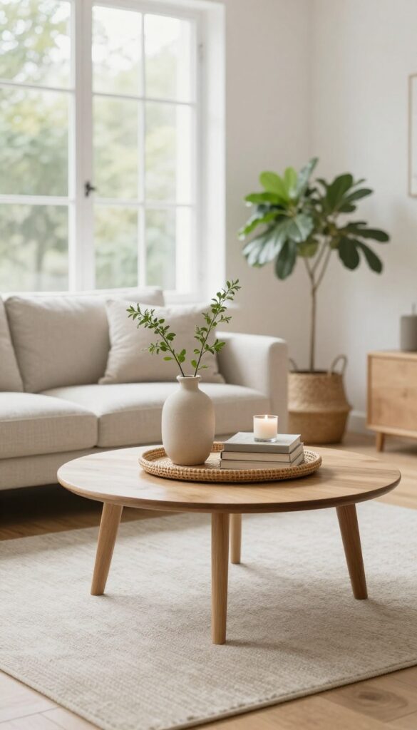 Bright living room coffee table styled with a woven tray, tall vase with greenery, stacked books, small bowl, and candle, photographed in natural light.