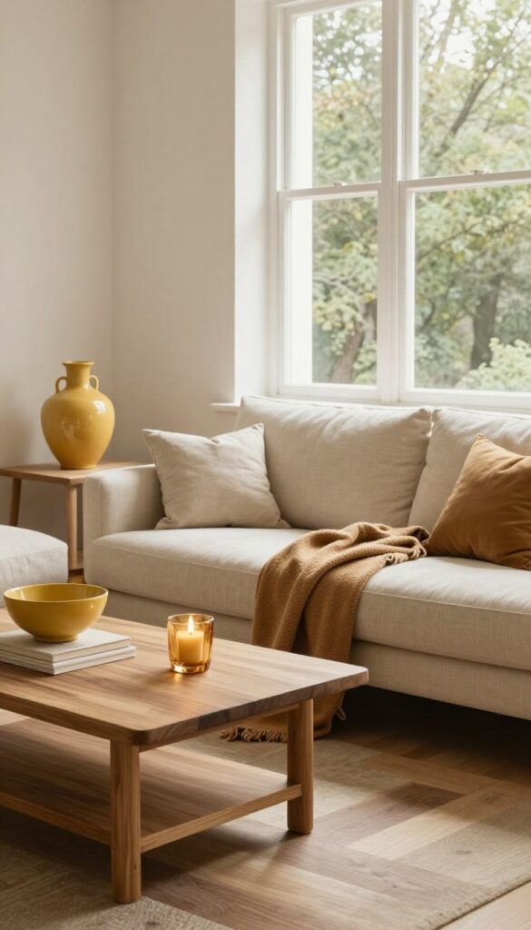 Warm neutral living room with muted yellow decorative accessories including a mustard vase, ochre throw blanket, golden candle holder, and yellow ceramic bowl layered across cream, beige, and light wood decor in bright natural light.