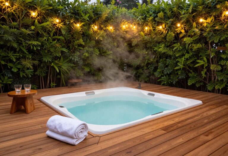 Sunken outdoor jacuzzi set flush into a wooden deck surrounded by greenery and soft lighting, creating a relaxing backyard retreat