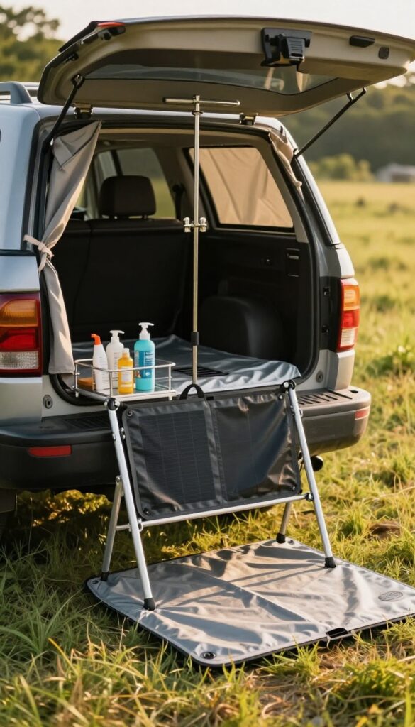Pickup truck bed set up as a compact camping shower with a hanging solar shower bag, waterproof liner, privacy tarp, and organized toiletries at a sunny campsite.