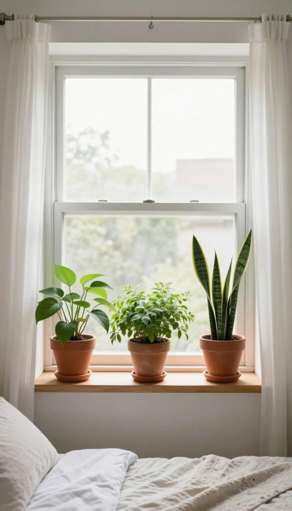 Bright bedroom bay window styled as an indoor plant garden with a narrow shelf of pothos and snake plants in terracotta pots, layered at varied heights in soft morning sunlight