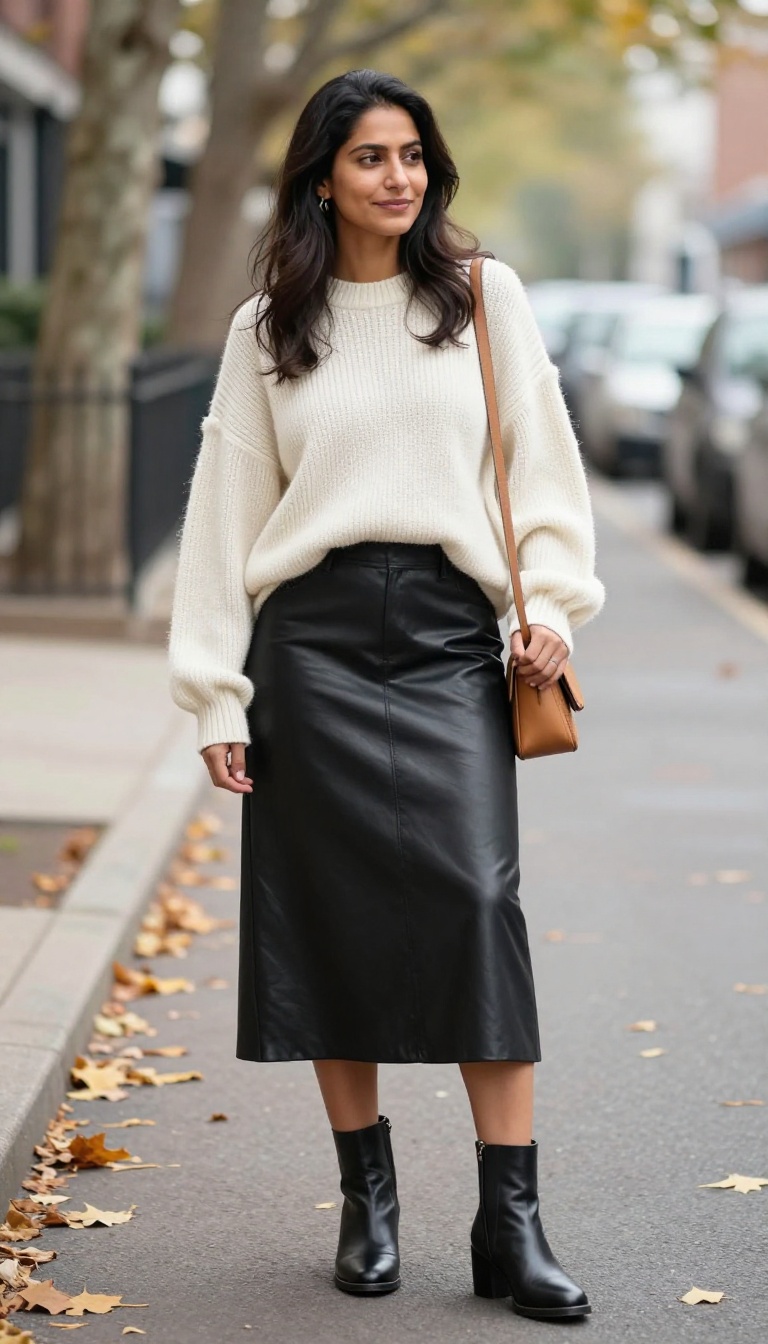6. Leather Skirt with a Chunky Knit and Ankle Boots