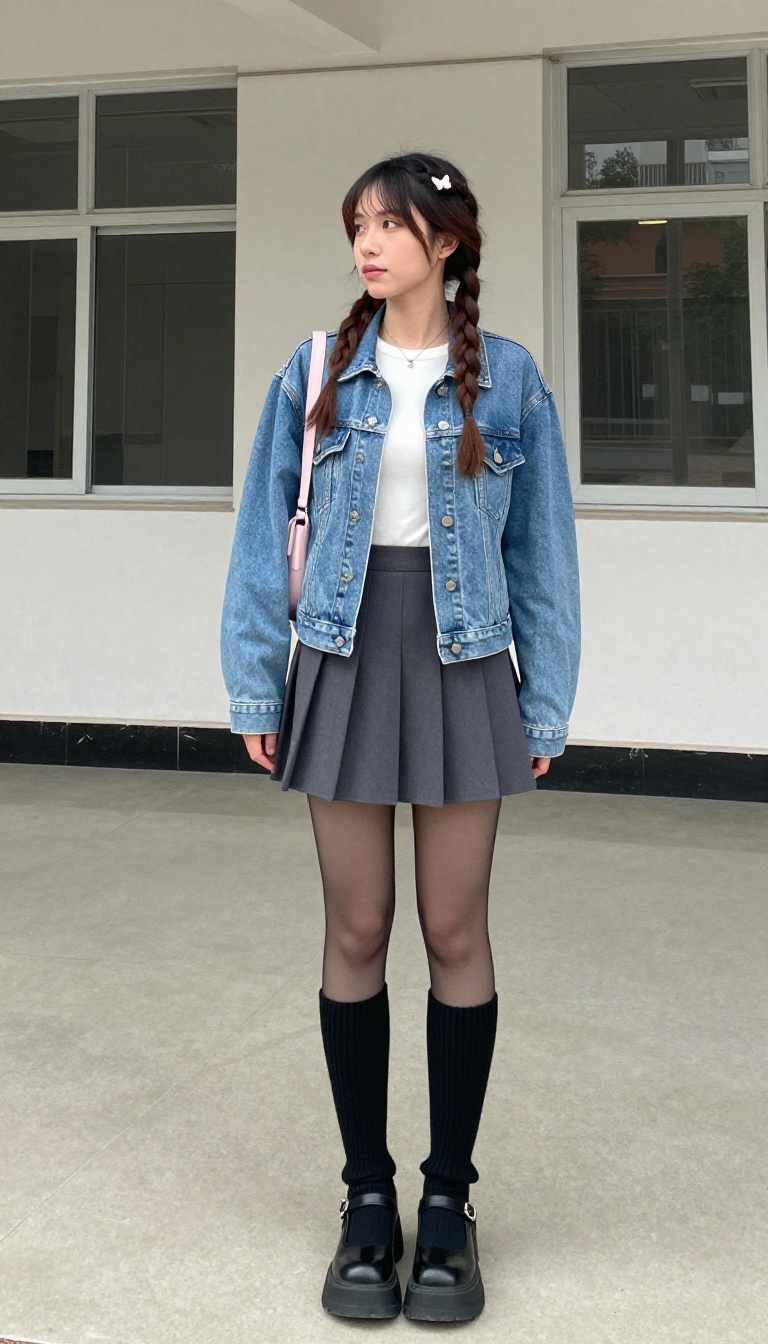 5. Denim Jacket + Pleated Mini Skirt + Leg Warmers