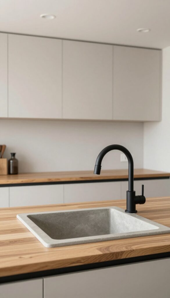 A textured concrete sink with a matte black faucet in a modern kitchen with wood countertops and minimalist cabinets.