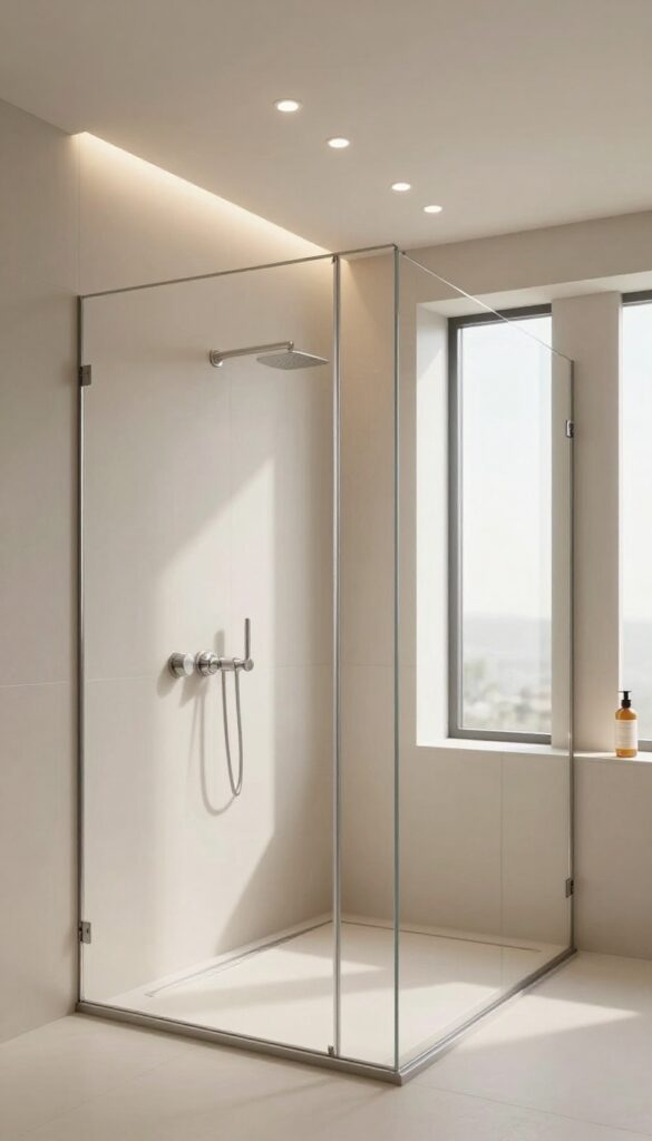 Modern shower with warm recessed ceiling lighting evenly illuminating tile walls and glass, creating a bright and spacious bathroom feel