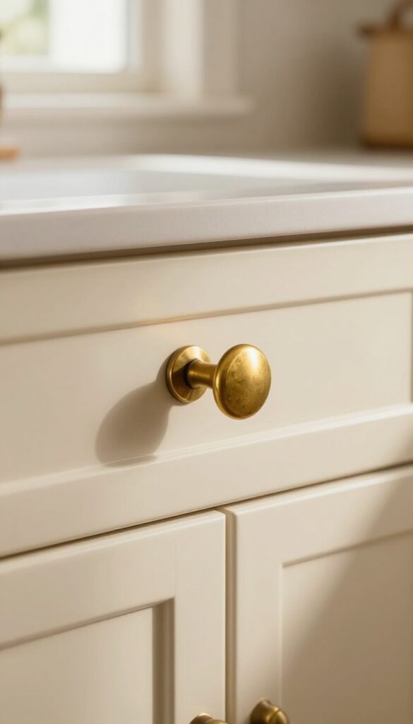 Close-up of aged brass knob and antique bin pull on cream kitchen cabinets in bright natural light