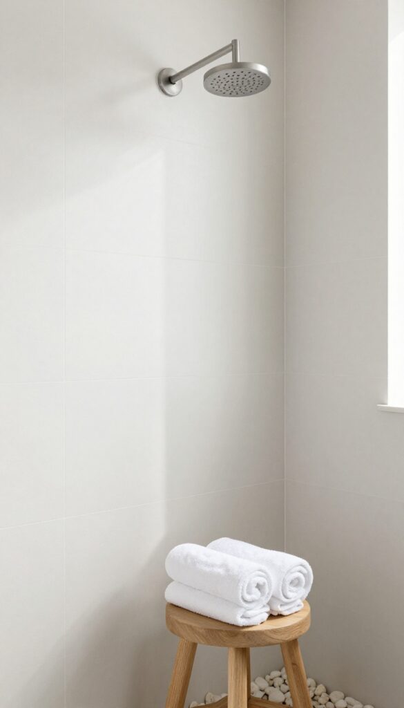 Bright modern shower with large matte white porcelain tiles, soft natural light, and a teak stool with a rolled towel