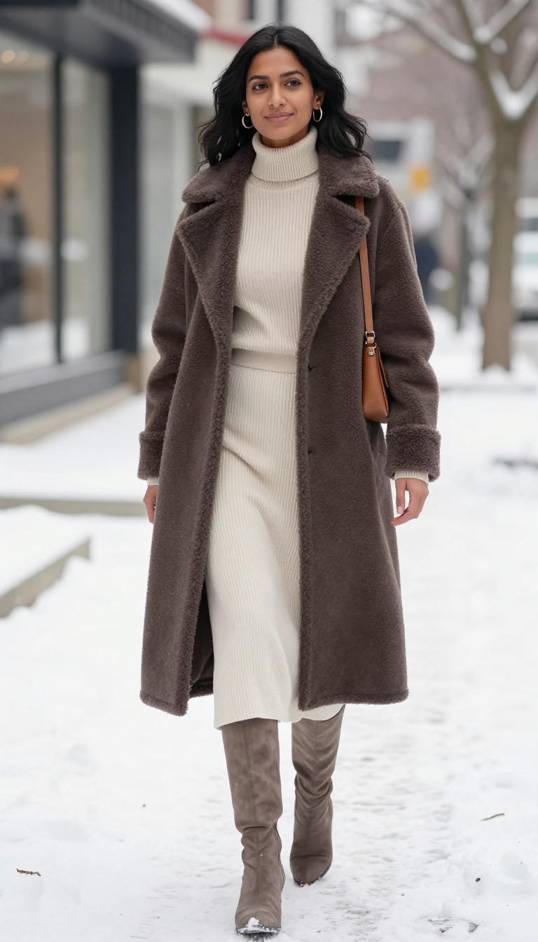 13. Cream Knit Skirt with Shearling Coat and Suede Boots
