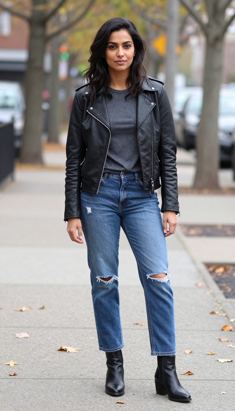 14. Faux Leather Jacket and Distressed DTI Jeans