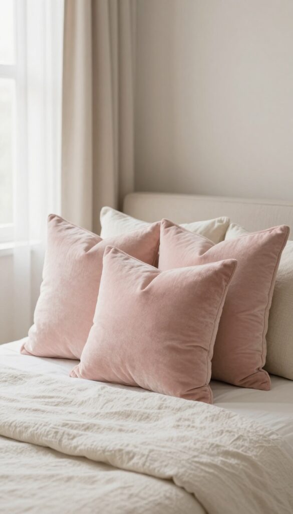 Blush pink velvet and boucle throw pillows styled on a neutral bed in a bright cozy bedroom