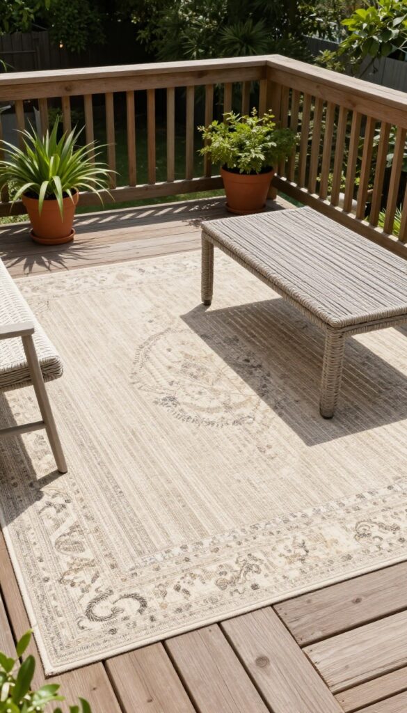 Layered neutral and patterned outdoor rugs on a small wooden deck, with a lounge chair and bistro set defining separate zones in bright natural light.
