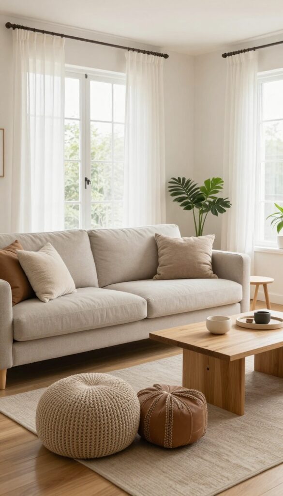Bright inviting living room with a neutral sofa, one accent chair, and two textured poufs around a low coffee table in an open layered layout.