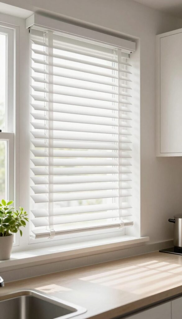 Bright kitchen window with clean white faux wood blinds angled to let in soft natural light, making the space look fresh and modern.